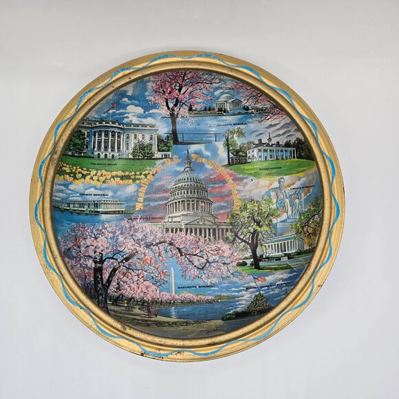Washington DC Souvenir Plate Cherry Blossoms Landmarks Gold Rim Vintage Decor - Picture 15 of 15
